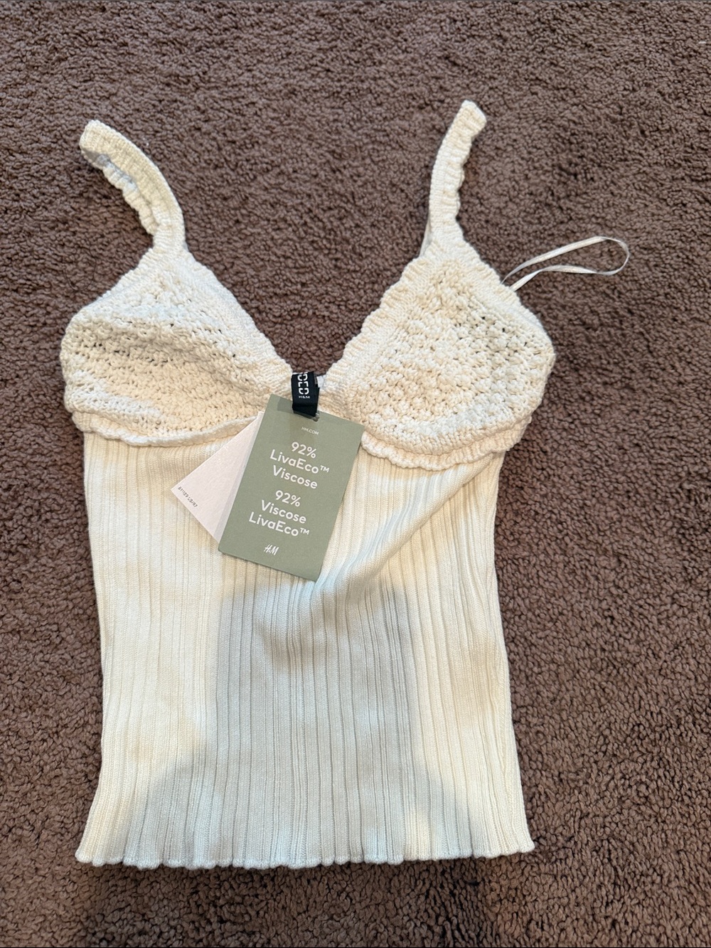 H&M Cream Ribbed Viscose Knit Cami with Crochet Bust